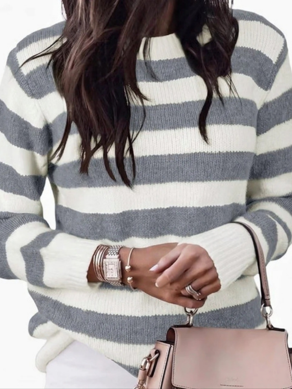 Striped Crewneck Sweater in White & Gray Size Large